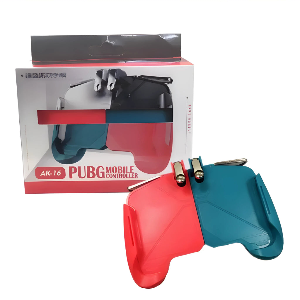 AK16 colourful extendable game controller holding a mobile phone, showing L1 and R1 trigger buttons.