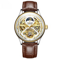 Men's gold and white leather strap automatic waterproof mechanical watch