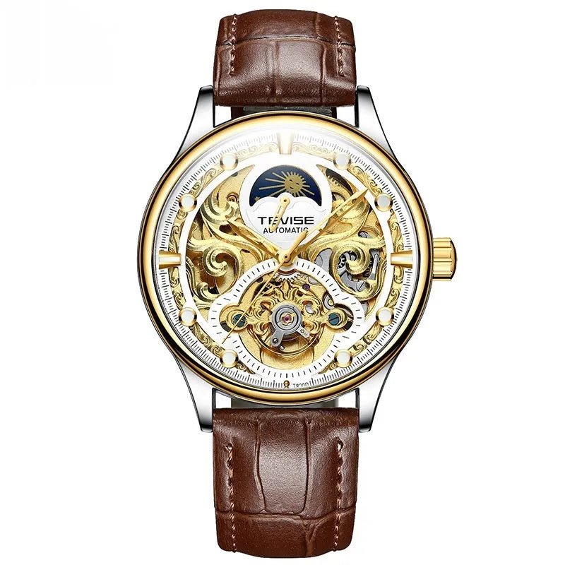 Men's gold and white leather strap automatic waterproof mechanical watch