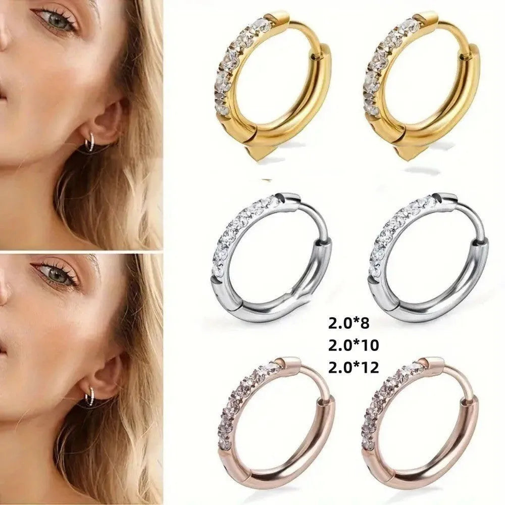 Gold diamond-studded stainless steel earrings on display showing post-back closure, available in 8mm 10mm and 12mm lengths