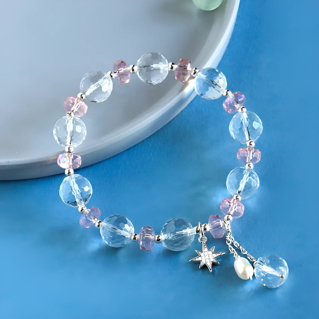 Women's white crystal bracelet with lucky cat charm and electroplated finish