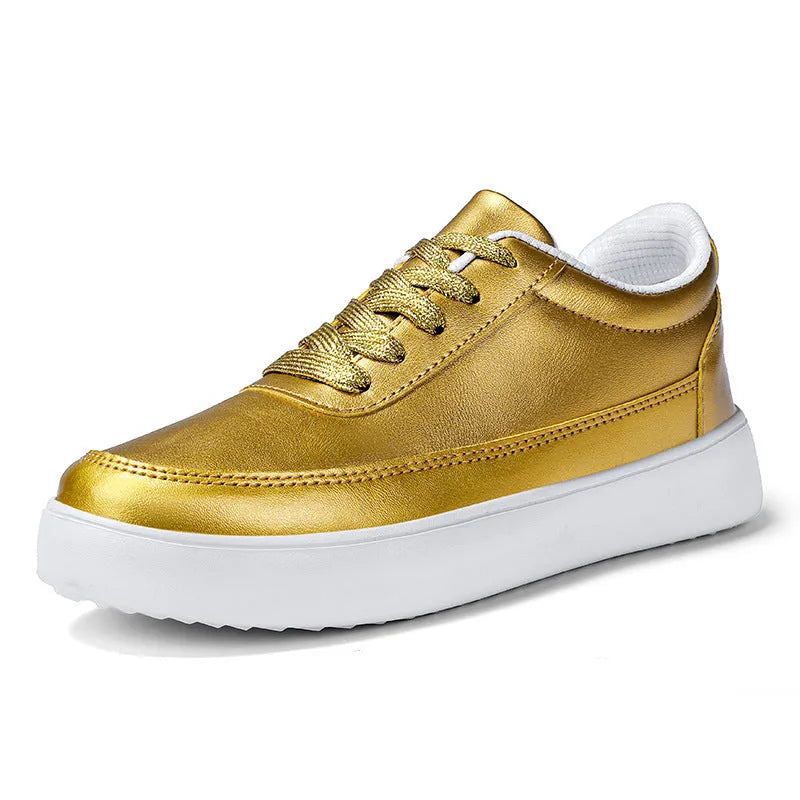 Women's flat casual leather shoes in gold, silver, or white with lace-up front.
