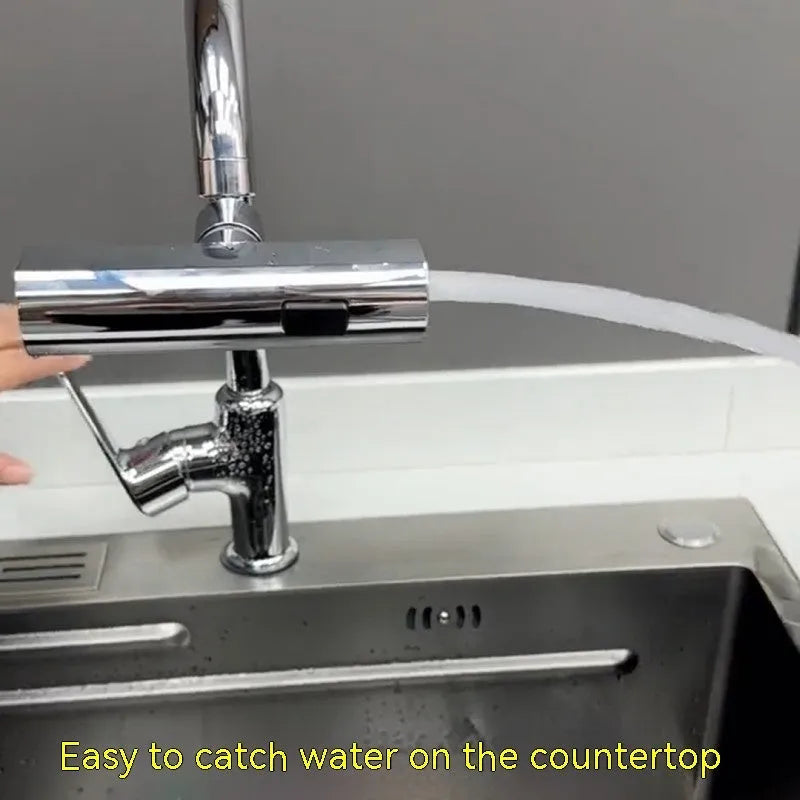 Kitchen faucet waterfall nozzle extension with rotating sprayer in black or silver finish