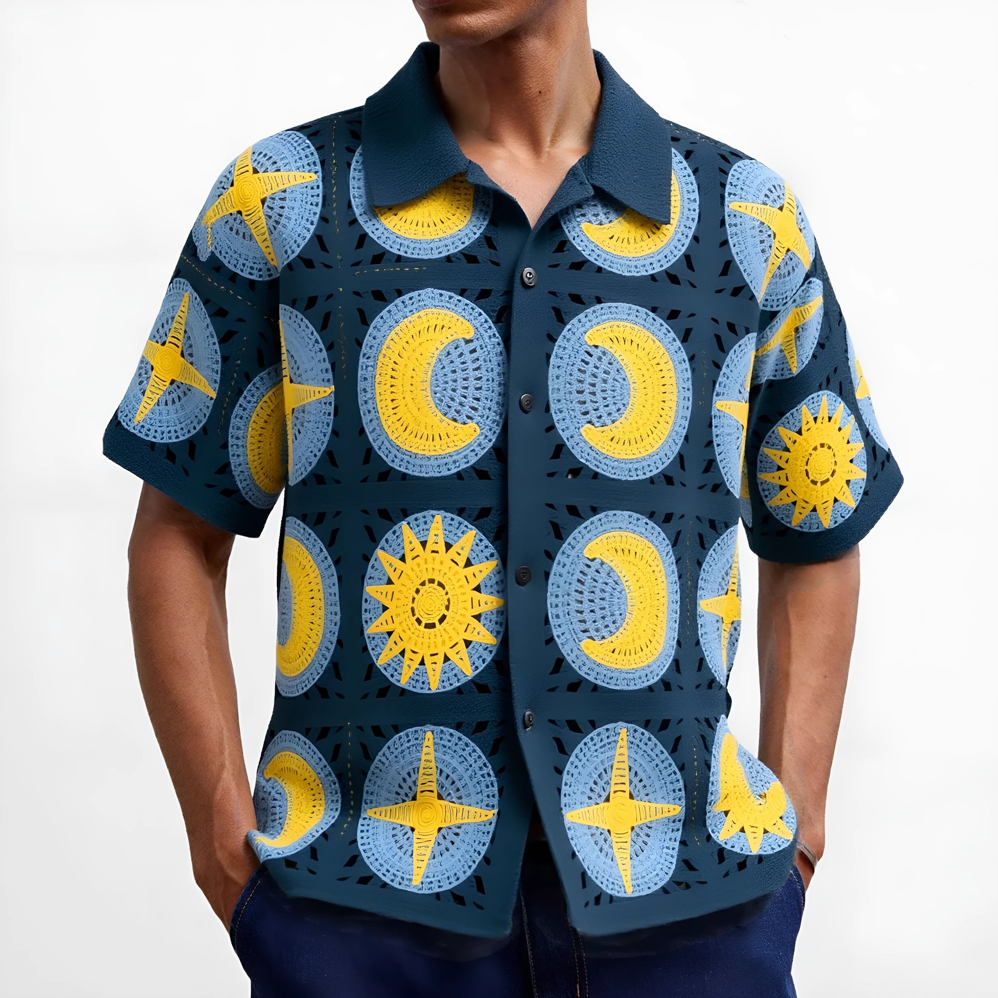 Navy blue men's short-sleeve cardigan sweater featuring a cartoon flocking pattern on the front.