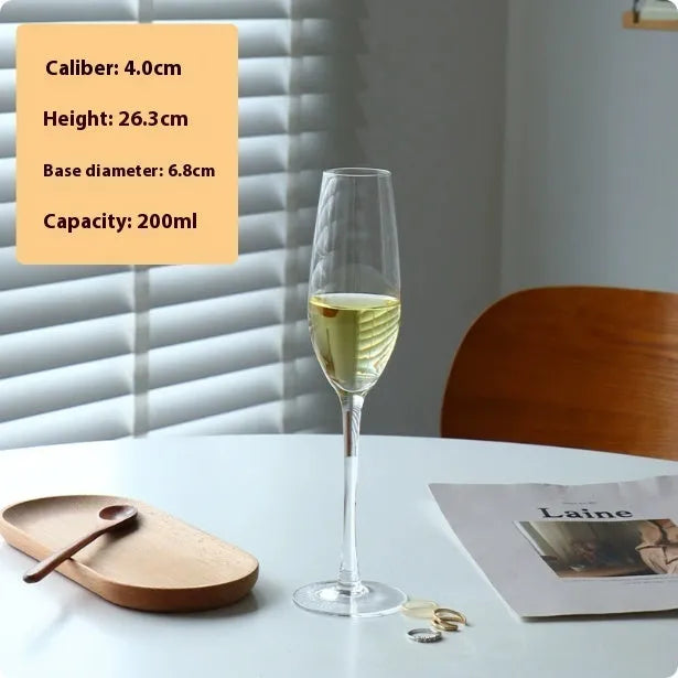 Set of clear champagne flute glasses showing seven different crystal-inspired design variations