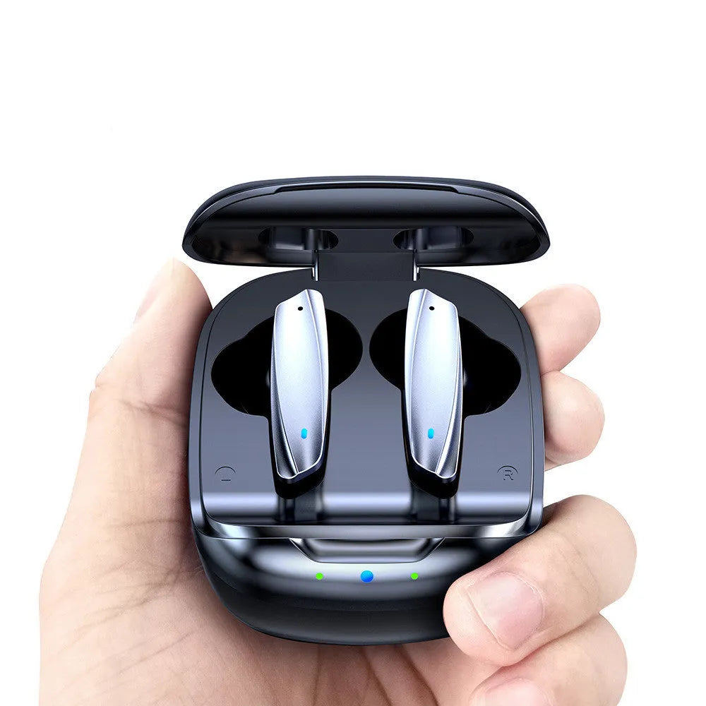 Black and white TWS Bluetooth 5.0 wireless earbuds with charging case and USB cable