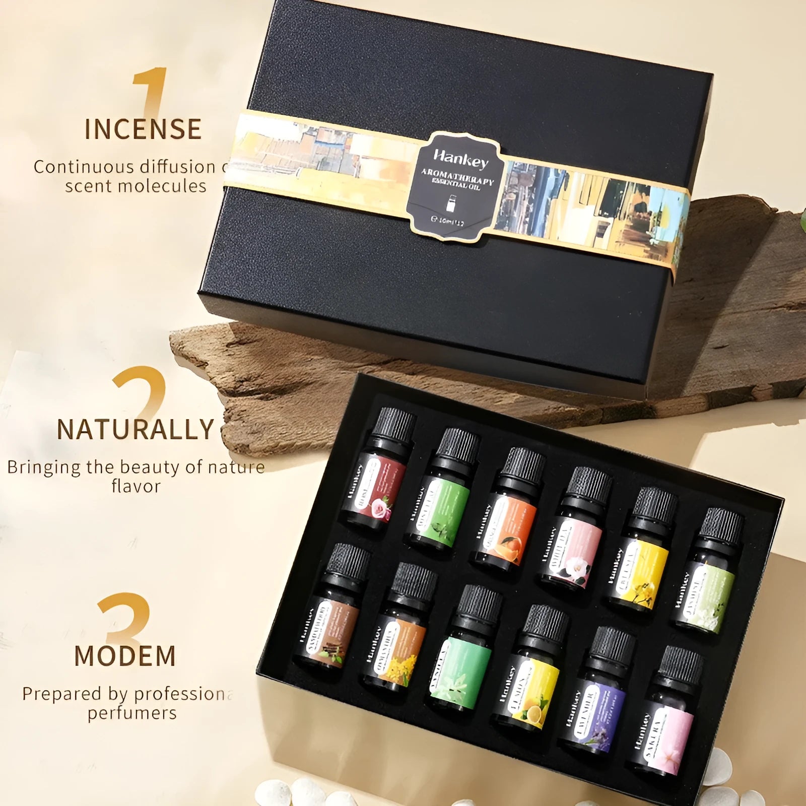 Water-soluble aromatherapy essential oil sets in boxed packaging showing lavender, eucalyptus and lemongrass bottles