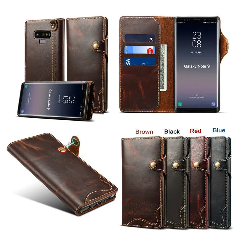 Handmade vintage leather clamshell phone case for Samsung Note9 with bracket and card slots