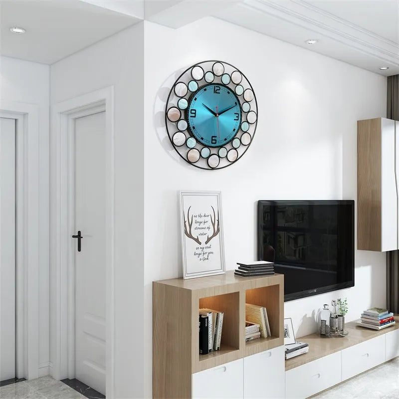 39cm round metal wall clock with real shell detail, silent sweep movement, Nordic minimalist design