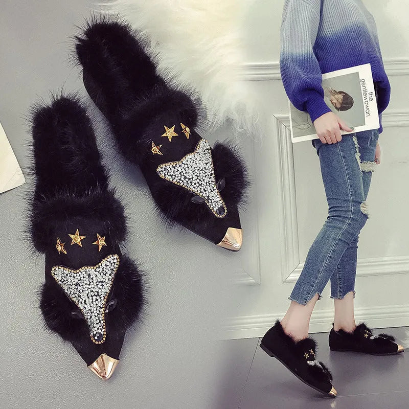 Women's suede fur shoes with rabbit hair lining, pointed toe, flat heel, black and gray colours