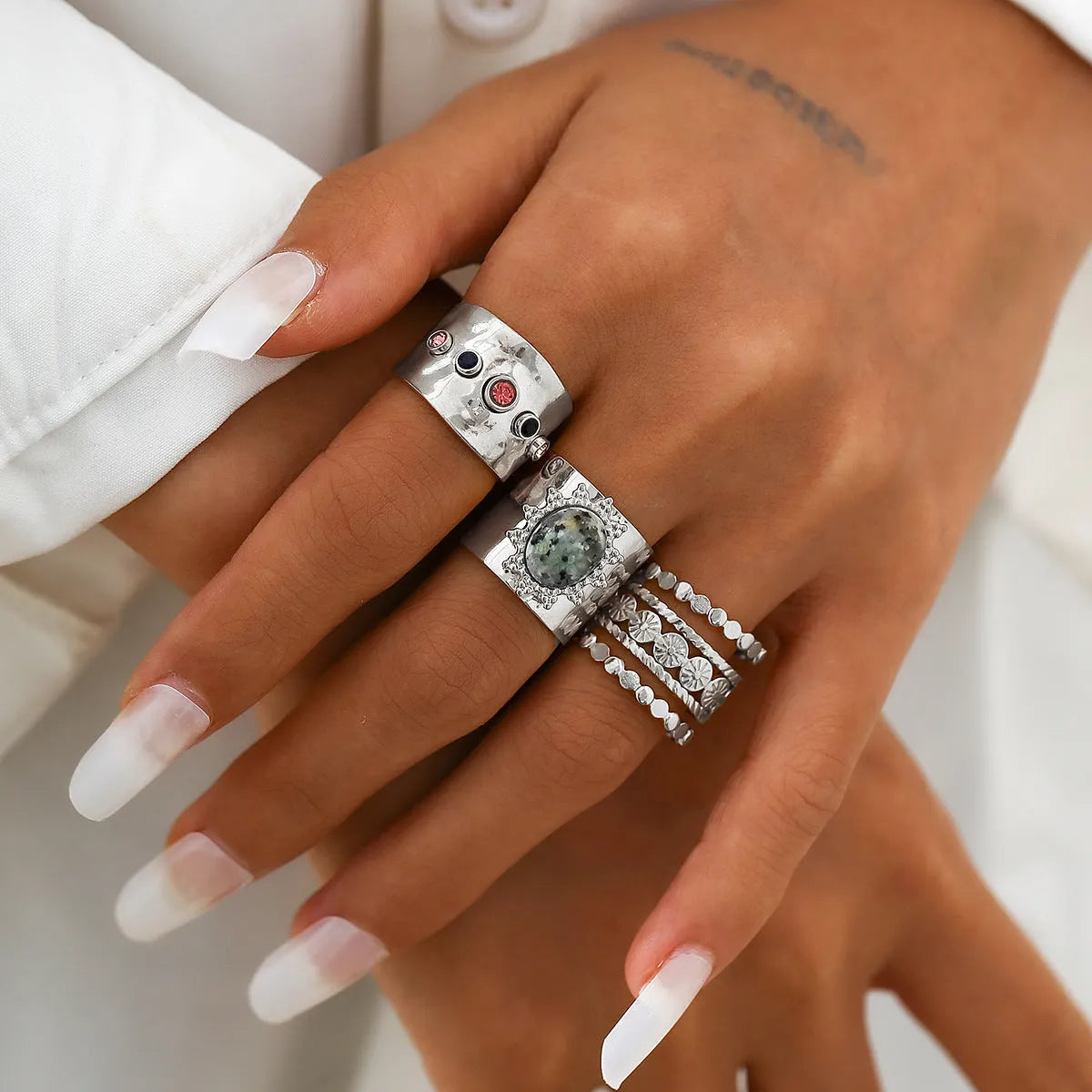 European and American retro micro-inlaid wide face ring set for women in light gold, open mouth alloy construction