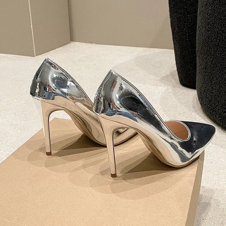 Women's pointed stiletto heel pumps in gold and silver, slip-on design, PU upper, 8cm or 10cm heel height