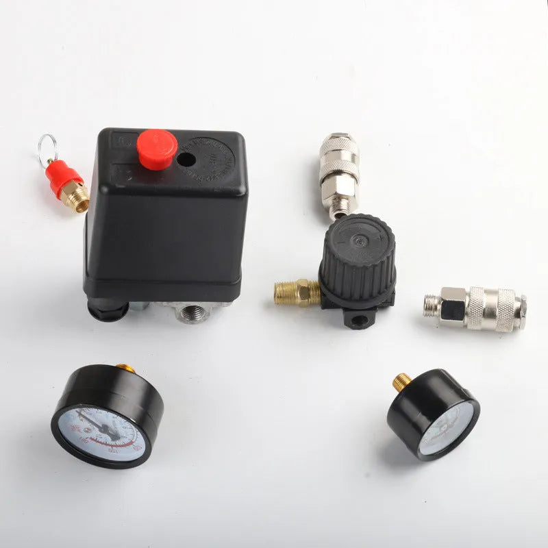 European-style air compressor pressure switch assembly showing connection ports and labelled switch box.