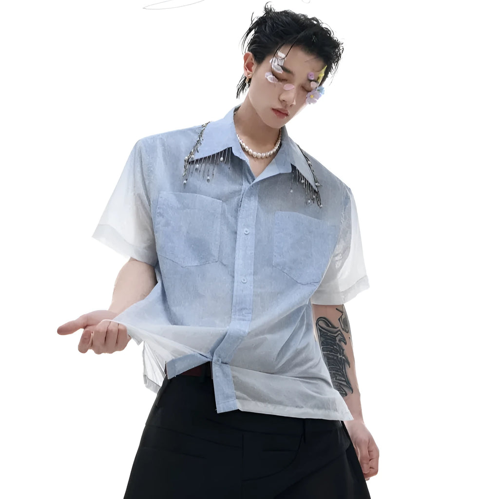 Man's blue and white gradient loose-fitting short sleeve casual shirt on a hanger