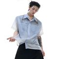 Man's blue and white gradient loose-fitting short sleeve casual shirt on a hanger