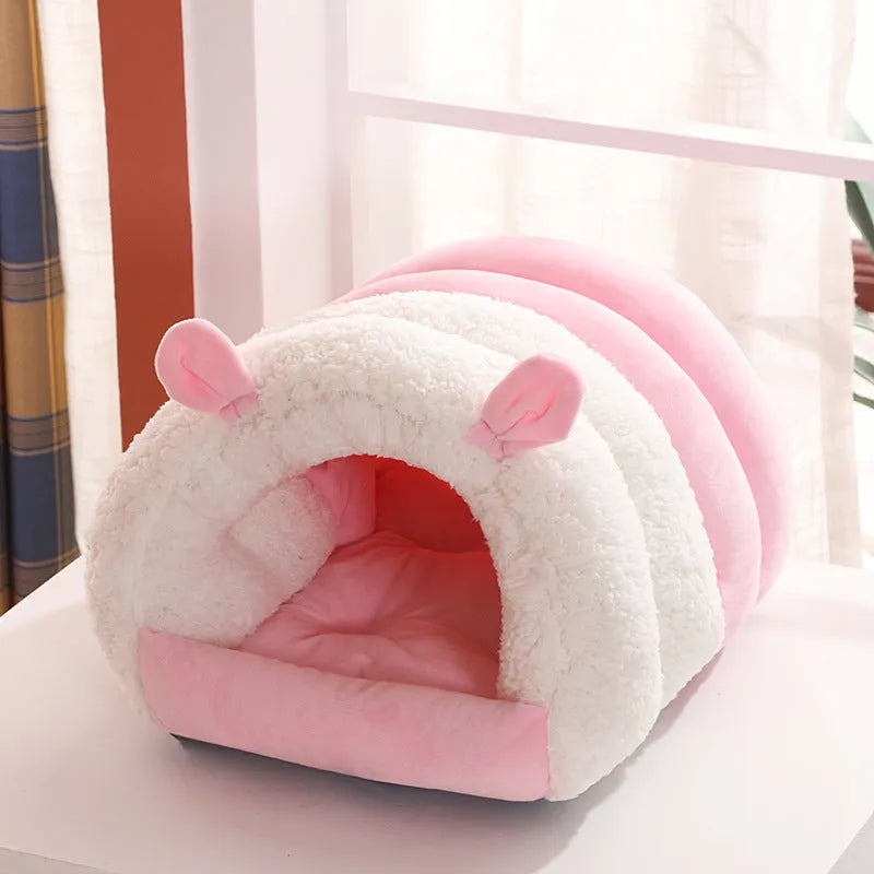 Washable cat nest with removable cover in blue, pink or purple colours, showing M and S size options