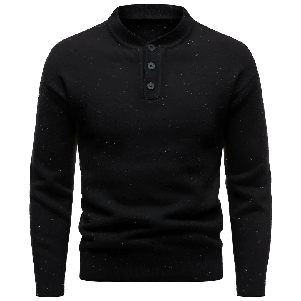 Men's Henry stand collar snowflake dot design fashion sweater in black, batwing sleeve, ribbed hem, long sleeve winter wear
