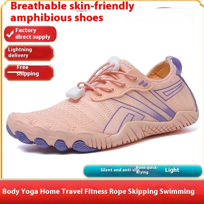 Women's anti slip quick drying five finger river tracing shoes in black, with rubber sole and Lycra mesh upper