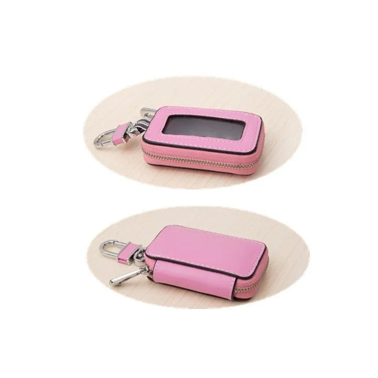 White genuine leather square car key case showing plain weave texture and dimensions.