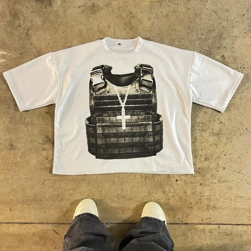 A printed cotton short sleeve t-shirt in a retro street style with drop-shoulder sleeves.
