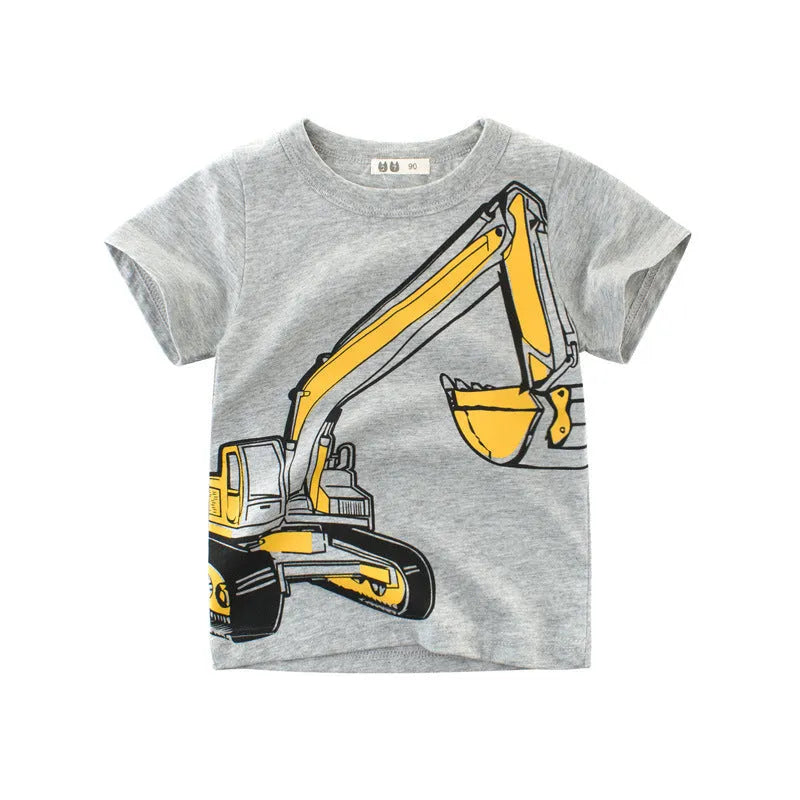 Children's light grey cartoon print cotton T-shirt with short sleeves and round neck.