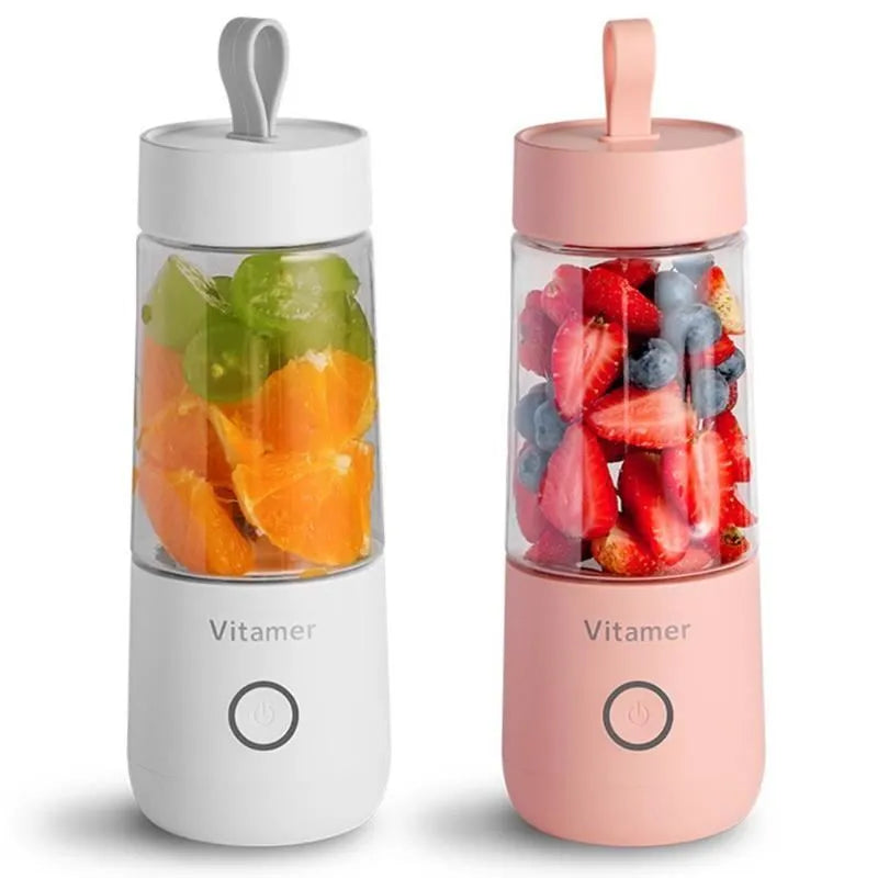 White portable USB blender with 350ml cup and silicone carry ring on a base.
