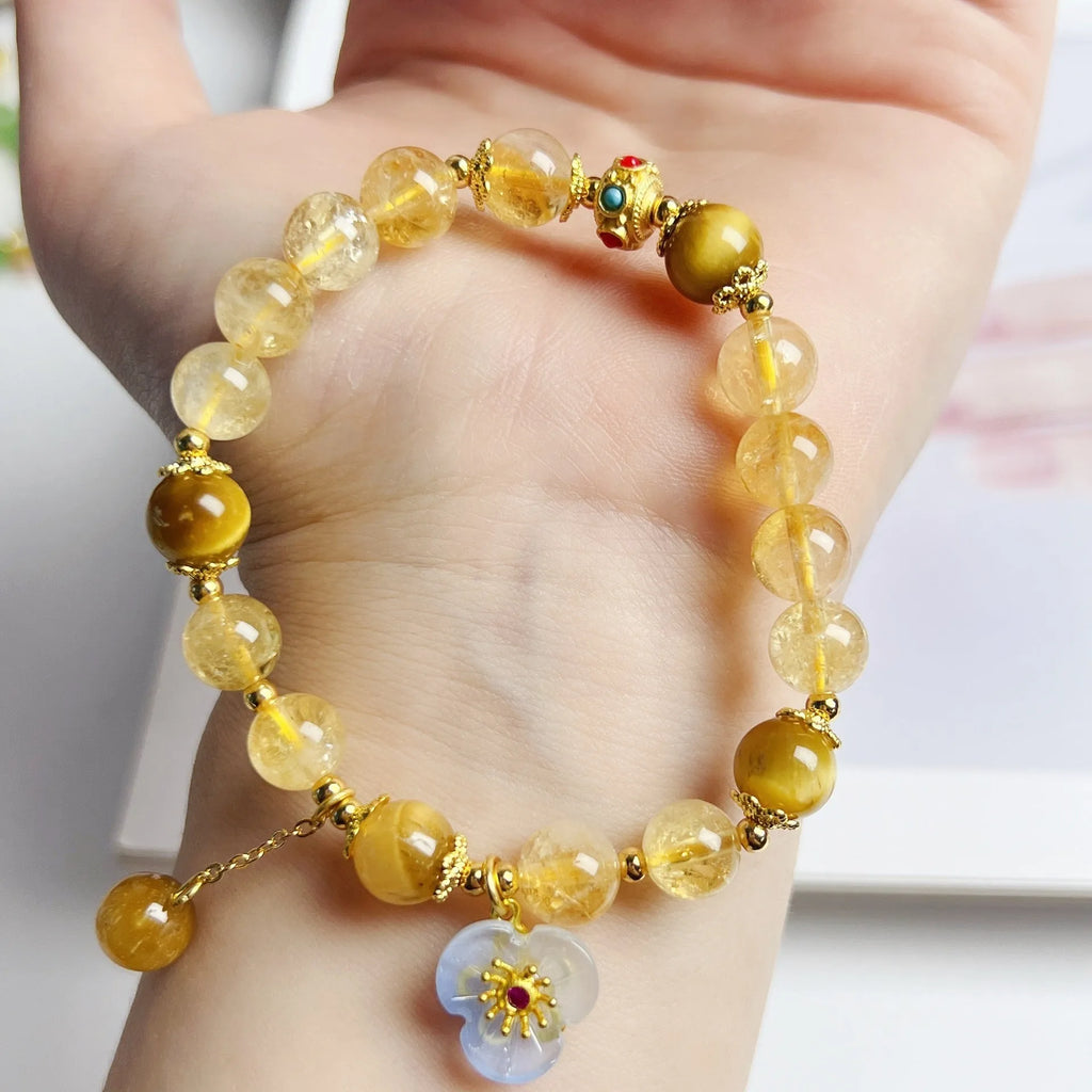 Handmade citrine crystal bracelet with flower tassel detail for women