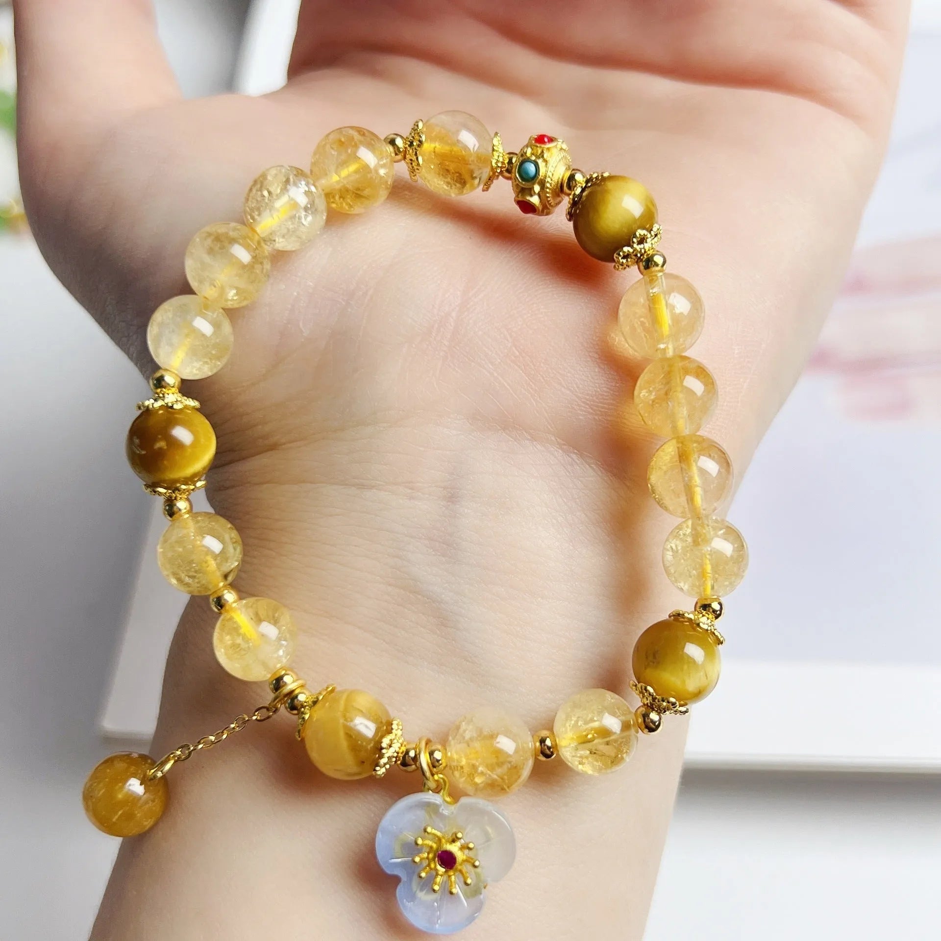 Handmade citrine crystal bracelet with flower tassel detail for women