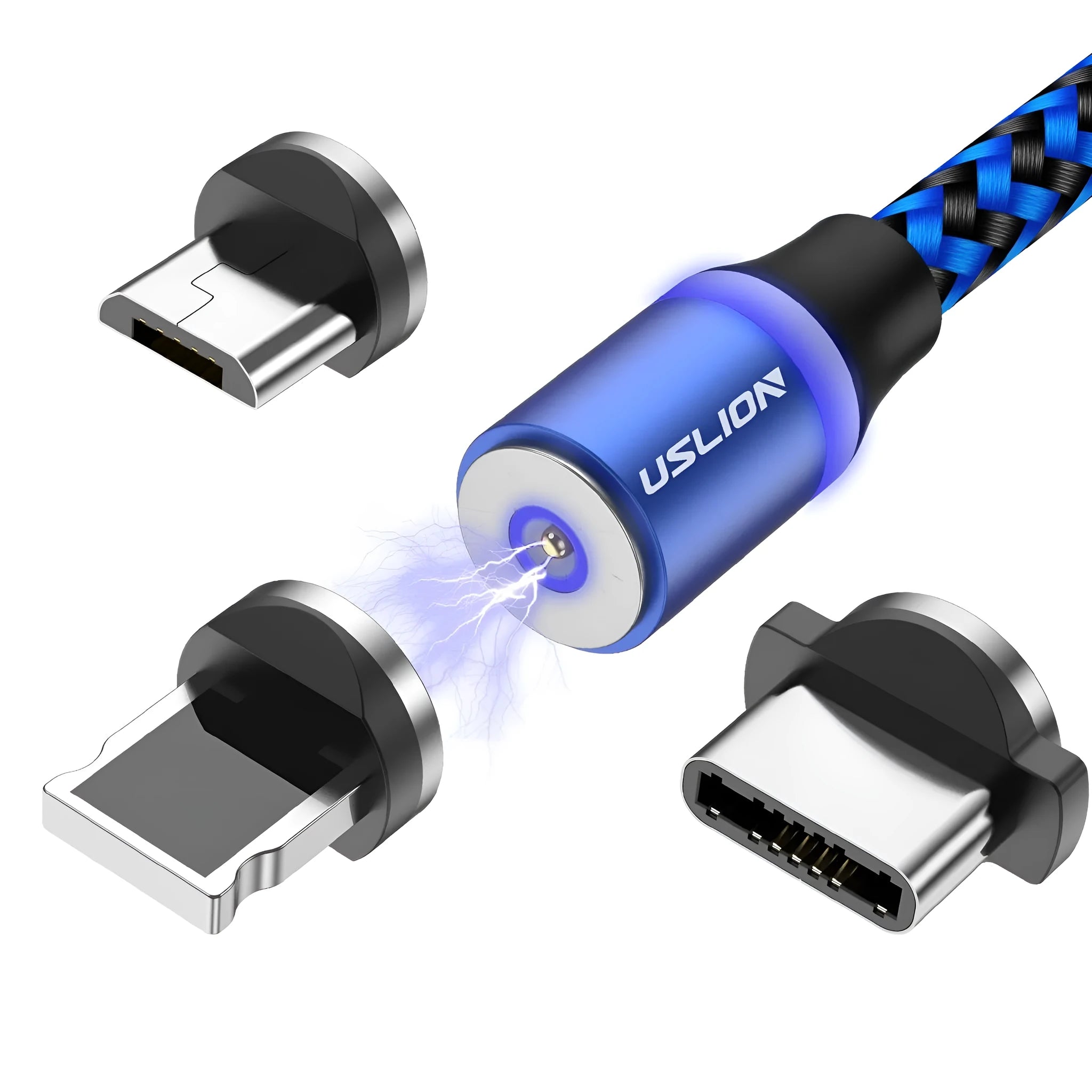 Magnetic USB cable fast charging 1m nylon braided aluminium alloy with blue LED for Android iOS Type-C