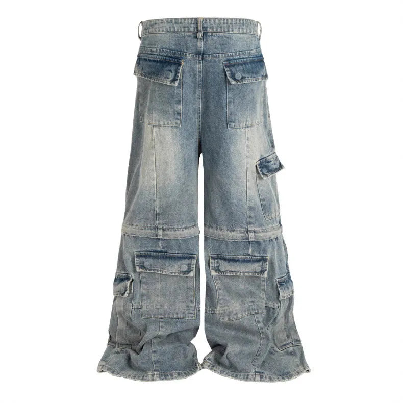 Detachable worn-looking cotton overalls with multi-pockets, in black or blue, for teenagers
