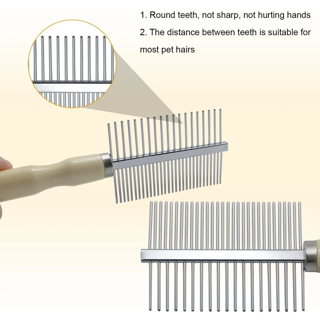 Wooden handle pet grooming comb for dogs and cats on a white background.
