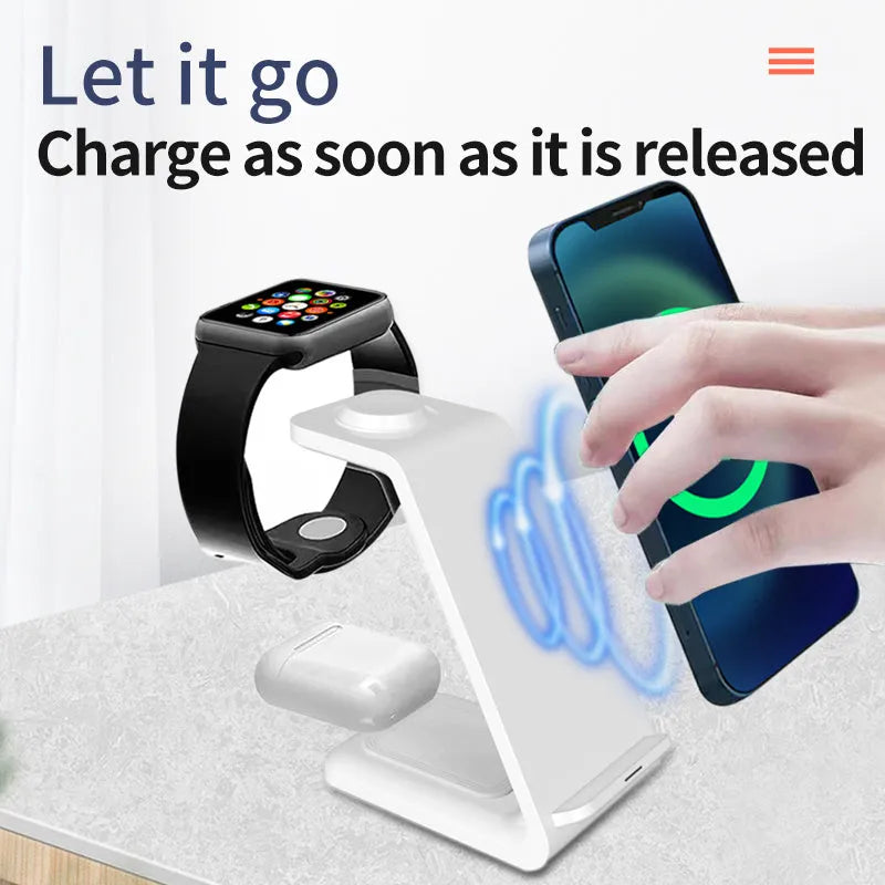 White 3-in-1 upright wireless phone charger and stand on a desk