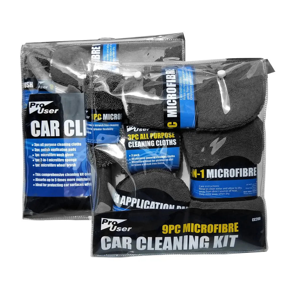 9-piece car cleaning cloth and sponge set with waxing and wheel hub brushes in gray, orange, and variegated colours