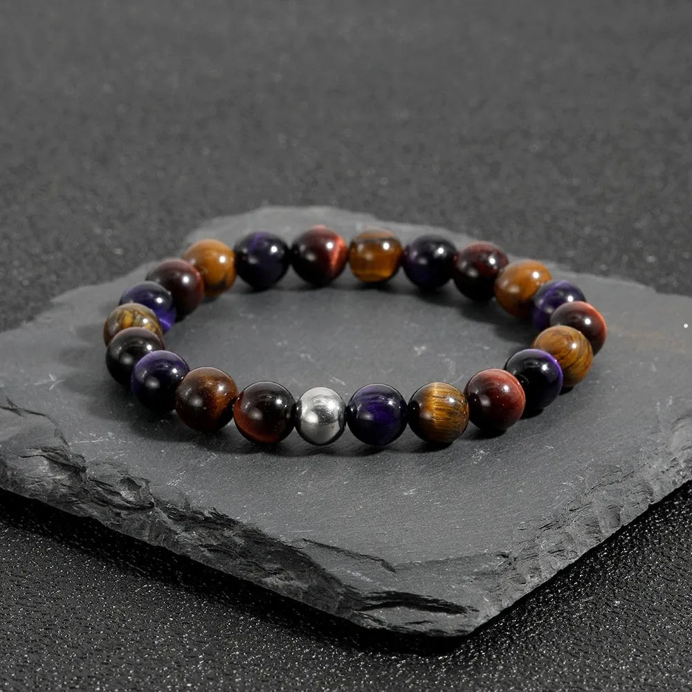 Handmade natural tiger-eye stone bracelet with geometric beads on elastic cord