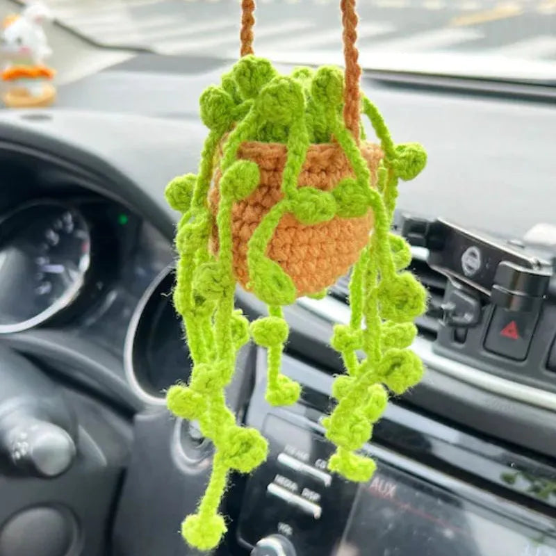Green and white knitted car plant ornament with 8cm basin base and hanging rope for vehicle interiors