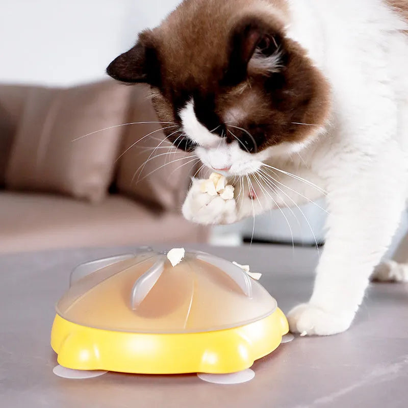 Yellow cat food puzzle toy with five compartments for slow feeding