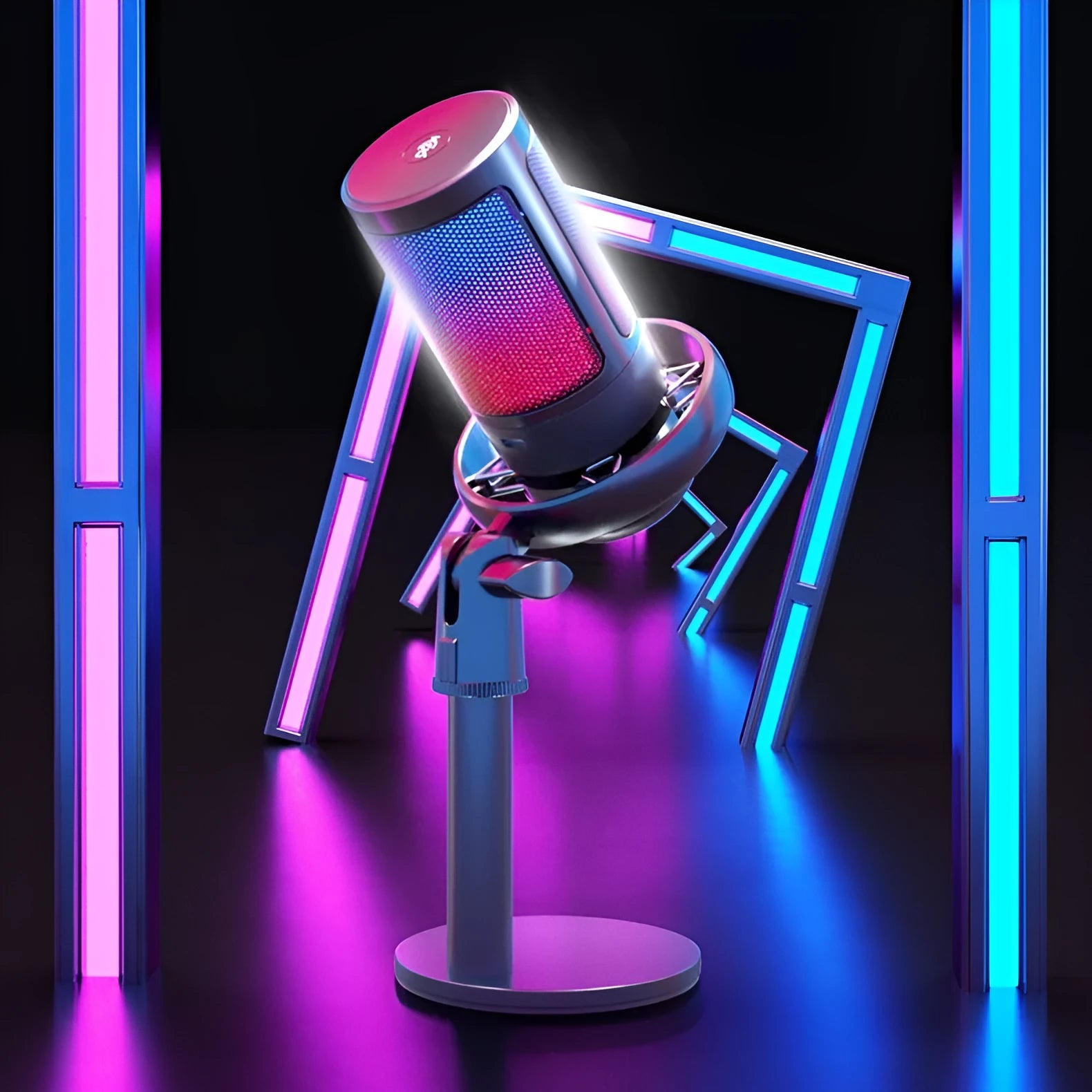 USB condenser microphone with RGB light effects on a black cantilever mounting arm