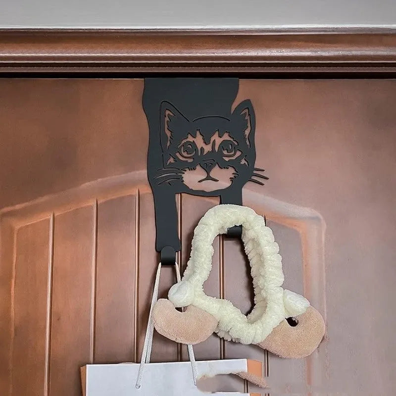 Black iron cat-shaped wall hook with punch-free mounting system