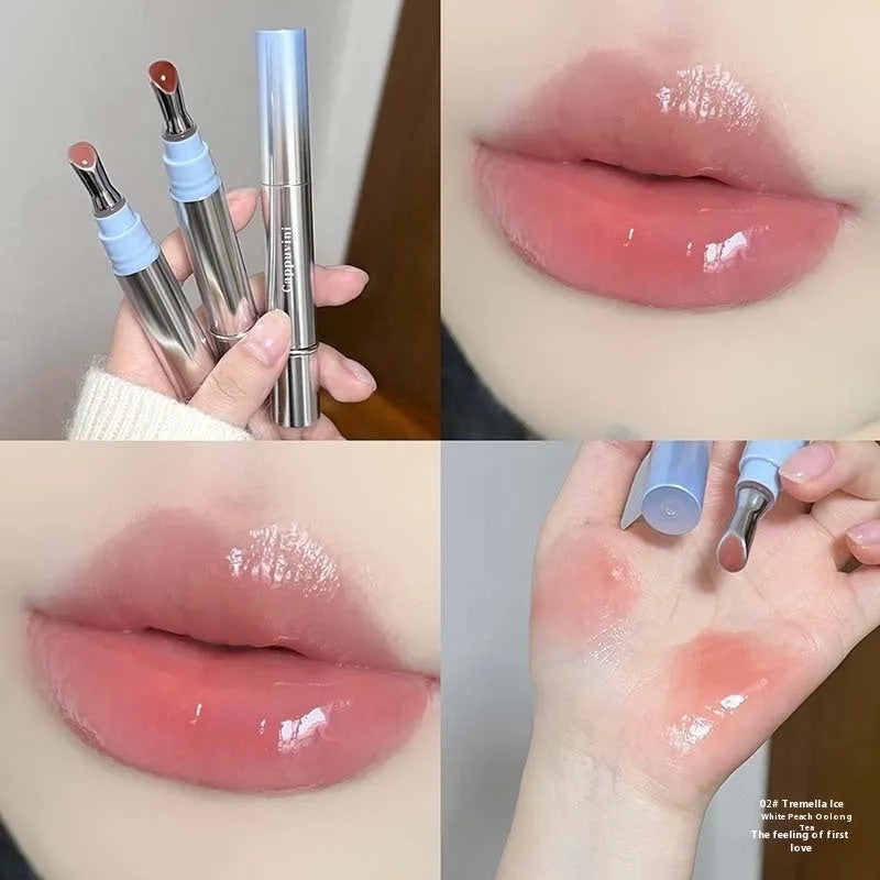 Mirror Water Light lipstick in six ice-toned colours: Almond, Silver, Pear, Raspberry, Peach Gum, and Pomegranate.