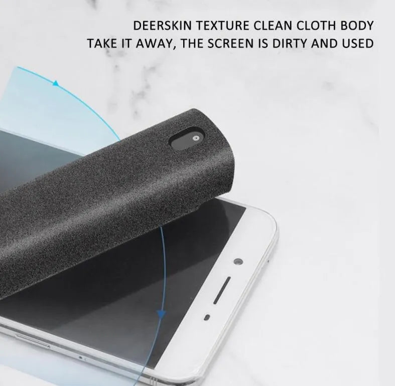 2-in-1 screen cleaner kit with spray bottle and microfiber cloth for mobile phone and computer screens in pink and gray