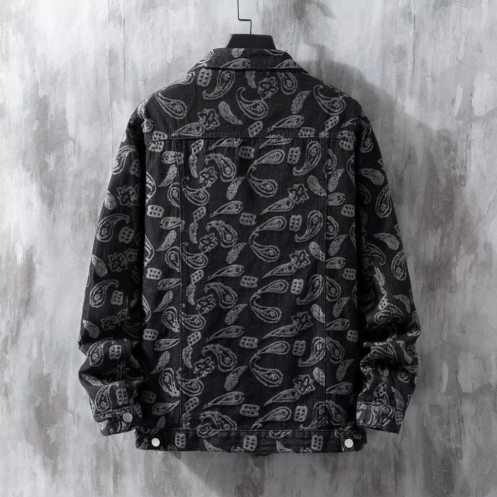Men's slim-fit printed jacquard denim coat in black shown on a model