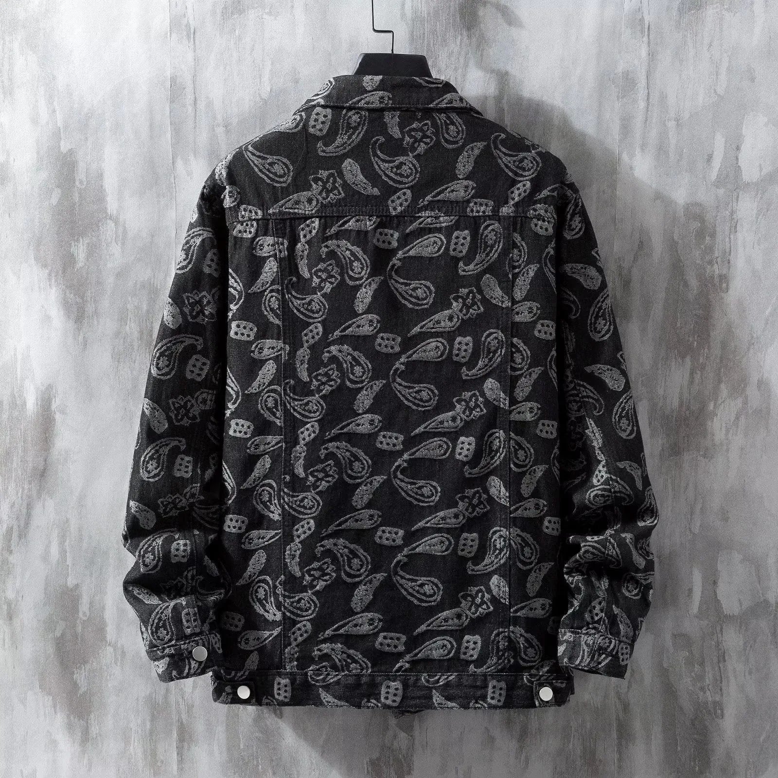 Men's slim-fit printed jacquard denim coat in black shown on a model