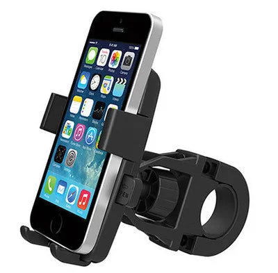 Black ABS plastic bicycle phone holder with a secondary securing rope for a mobile phone.