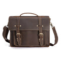 Men's handbag in dark brown coffee first layer crazy horseskin leather, shown as a shoulder bag on a model.