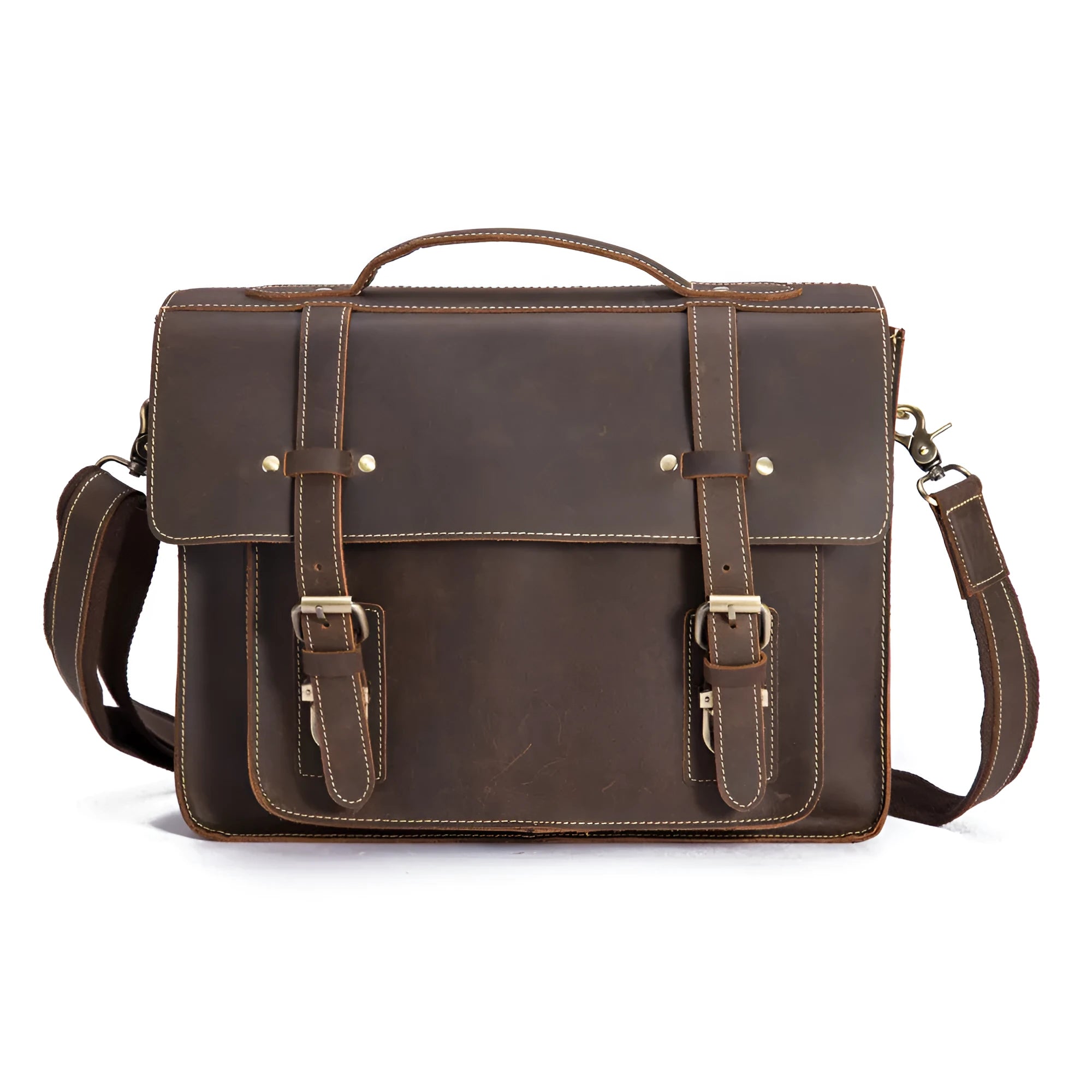 Men's handbag in dark brown coffee first layer crazy horseskin leather, shown as a shoulder bag on a model.