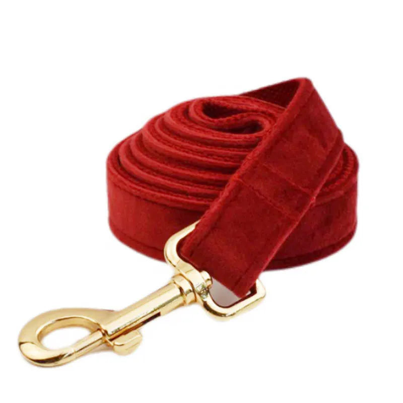 Cloth dog collar and leash set with matching vest, decorative bow, and dog poop bag accessories