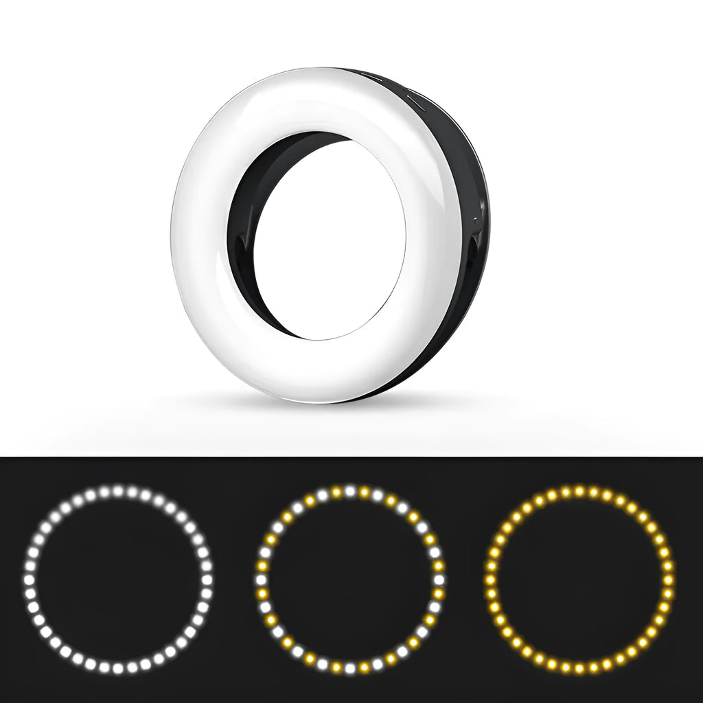 Black portable LED ring light for mobile phone photography with USB cable.