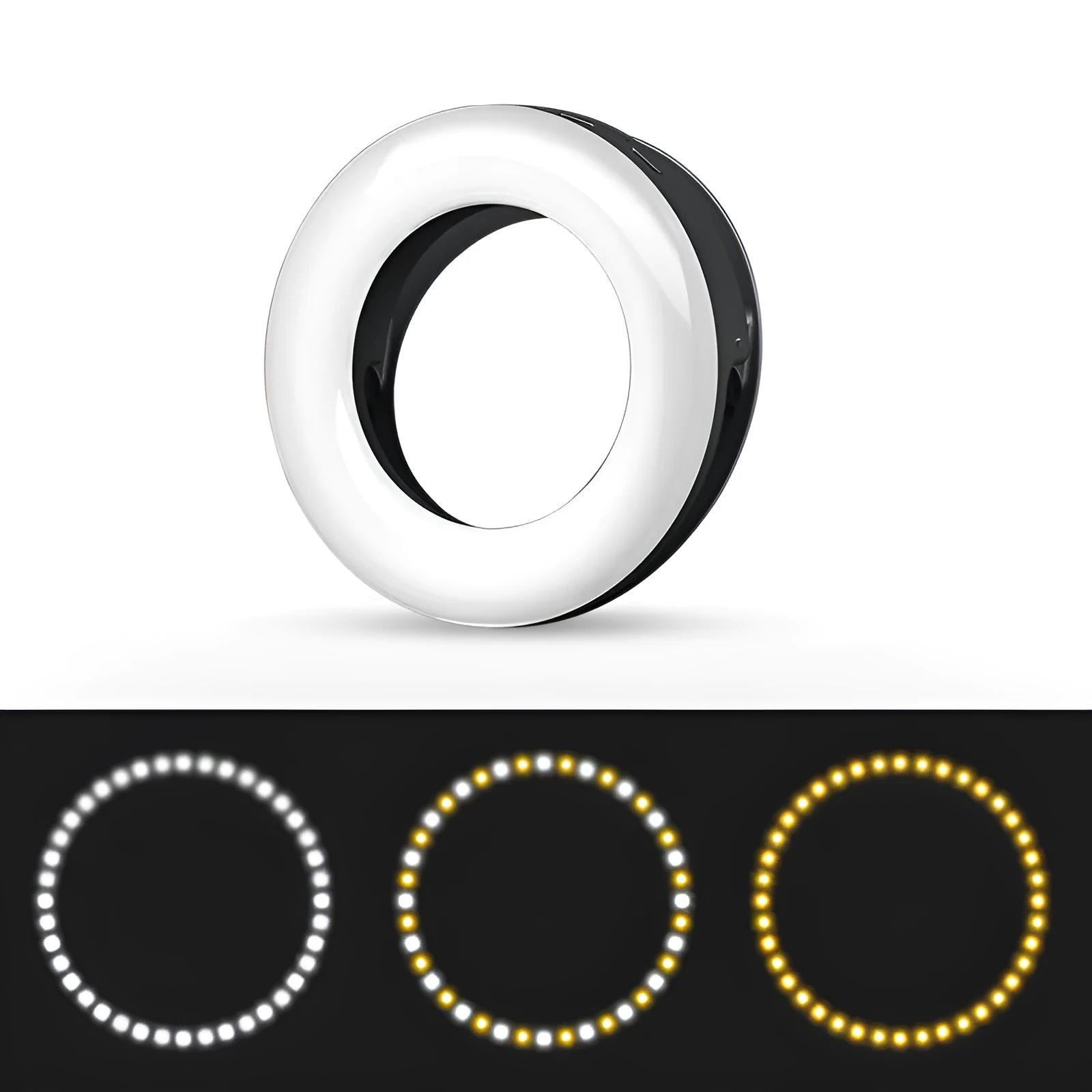 Black portable LED ring light for mobile phone photography with USB cable.