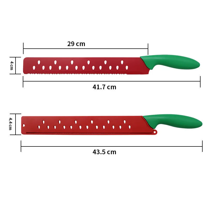 Stainless steel watermelon cutter with long blade and alloy handle on white background