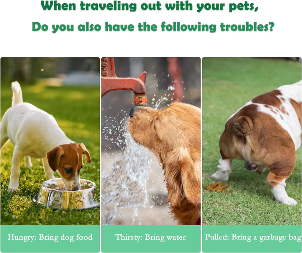 Green 3-in-1 portable pet water bottle with food container and poop bag dispenser, shown with carrying strap.